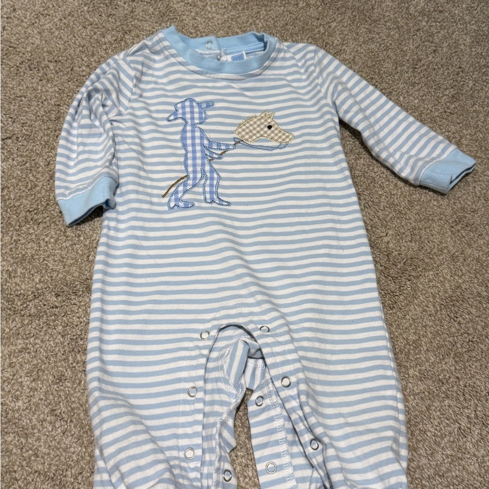 Blue & White Striped Baby One-Piece with Puppy Appliqué by